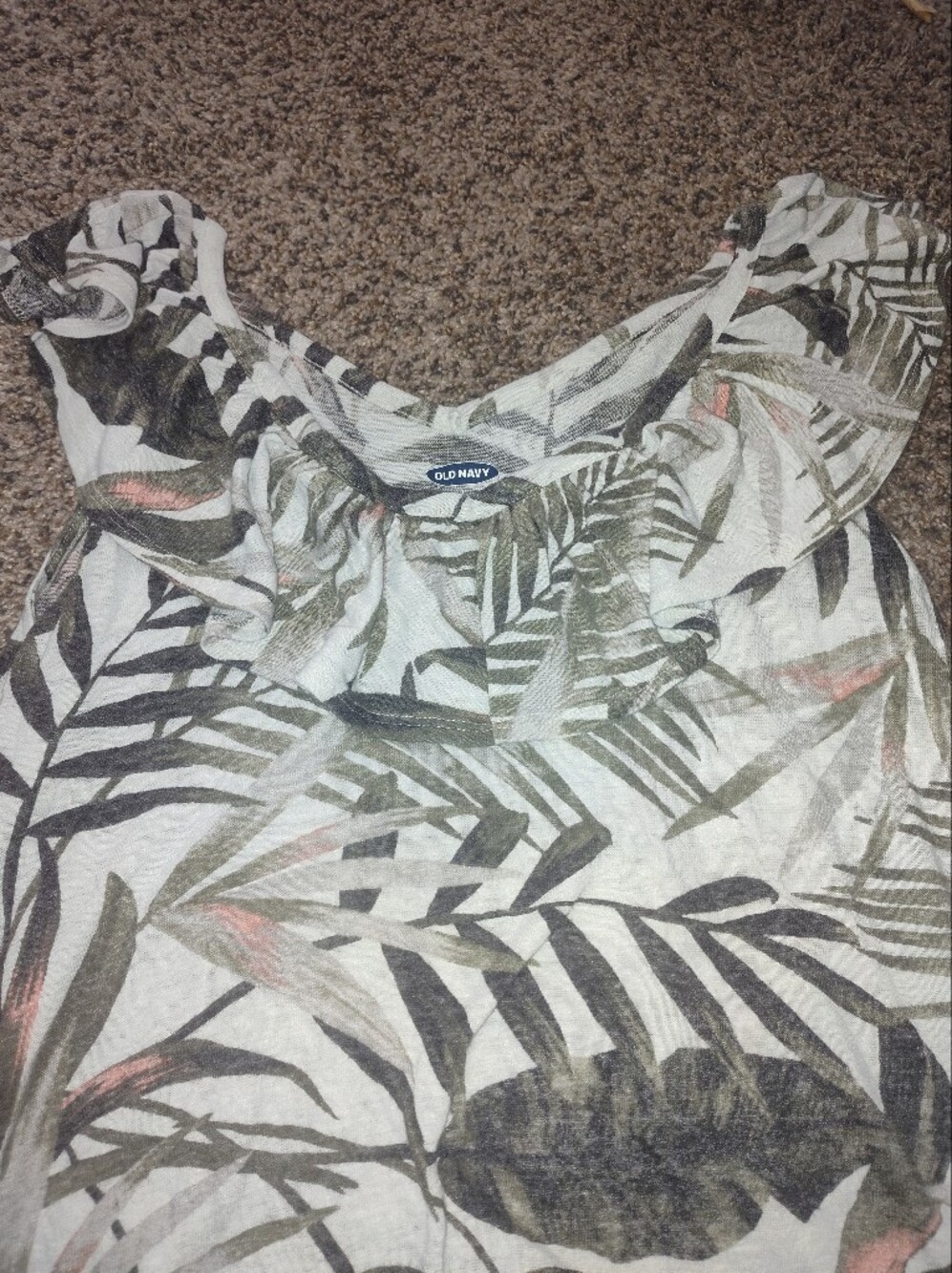 Old Navy Tropical Leaf Ruffle Sleeve Top - Olive & Coral on Ivory